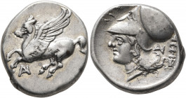 AKARNANIA. Anaktorion. Circa 320-280 BC. Stater (Silver, 21 mm, 8.58 g, 2 h). Pegasos flying left; below, monogram of AN. Rev. [ΛΥΣ]Ι Head of Athena t...