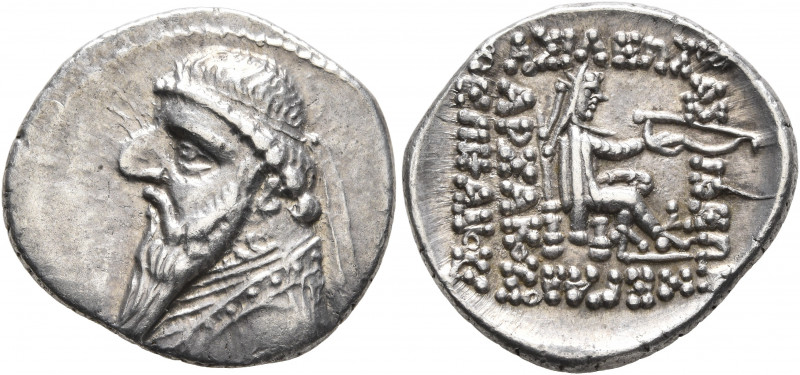 KINGS OF PARTHIA. Mithradates II, 121-91 BC. Drachm (Silver, 20 mm, 4.10 g, 1 h)...