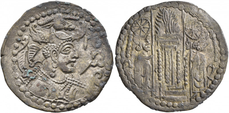 HUNNIC TRIBES, Nezak Huns. Drachm (Billon, 25 mm, 3.06 g, 2 h), a-group, Kapishi...