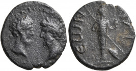 TROAS. Ilium. Marcus Aurelius & Lucius Verus, 161-169. Assarion (Bronze, 20 mm, 3.78 g, 6 h). [ΑV] Μ ΑΝΤⲰΝЄΙΝΟ[C ΑV Λ ΟΥΗΡΟC] Laureate heads of Marcus...