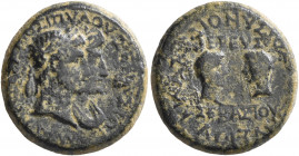 LYDIA. Magnesia ad Sipylum. Augustus, with Livia, Caius, and Lucius, 27 BC-AD 14. Hemiassarion (Bronze, 19 mm, 5.57 g, 12 h), Dionysios Kilas, son of ...