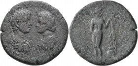CARIA. Cnidus. Caracalla, with Plautilla, 198-217. Tetrassarion (Bronze, 33 mm, 17.22 g, 1 h), 202-205. [AY K M] ANTΩNINOC / [ΦOYPBIA ΠΛΑΥΤΙΛΛΑ] Laure...