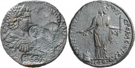 CARIA. Stratonicaea. Caracalla, with Geta as Caesar, 198-217. Hexassarion (Bronze, 33 mm, 23.19 g, 7 h). ΑΥ ΚΑΙ [Μ] ΑΥ[...] KΑ ΠΟ CЄO (?) ΓЄ[ΤAC ...] ...