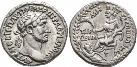 CILICIA. Tarsus. Hadrian, 117-138. Tridrachm (Silver, 24 mm, 9.29 g, 12 h). ΑΥΤ ΚΑΙ ΘΕ ΤΡ ΠΑΡ ΥΙ ΘΕ ΝΕΡ ΥΙ ΤΡ ΑΔΡΙΑΝΟϹ ϹE Laureate head of Hadrian to ...
