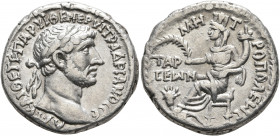 CILICIA. Tarsus. Hadrian, 117-138. Tridrachm (Silver, 24 mm, 10.36 g, 12 h). ΑΥΤ ΚΑΙ ΘΕ ΤΡ ΠΑΡ ΥΙ ΘΕ ΝΕΡ ΥΙ ΤΡ ΑΔΡΙΑΝΟϹ ϹE Laureate head of Hadrian to...