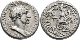 CILICIA. Tarsus. Hadrian, 117-138. Tridrachm (Silver, 23 mm, 10.13 g, 1 h). ΑΥΤ ΚΑΙ ΘΕ ΤΡ ΠΑΡ ΥΙ ΘΕ ΝΕΡ ΥΙ ΤΡ ΑΔΡΙΑΝΟϹ ϹE Laureate head of Hadrian to ...