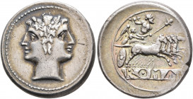 Anonymous, circa 225-214 BC. Quadrigatus - Didrachm (Silver, 22 mm, 6.68 g, 6 h), uncertain mint. Laureate head of Janus. Rev. ROMA (incuse on raised ...