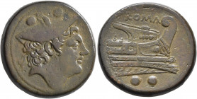 Anonymous, circa 217-215 BC. Sextans (Bronze, 31 mm, 24.59 g, 3 h), Rome. Head of Mercury to right, wearing winged petasus; above, two pellets. Rev. R...