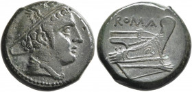 Anonymous, circa 217-215 BC. Semuncia (Bronze, 20 mm, 6.94 g, 12 h), Rome. Head of Mercury to right, wearing winged petasus. Rev. ROMA Prow of galley ...