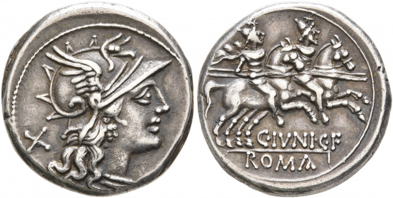 C. Junius C.f, 149 BC. Denarius (Silver, 18 mm, 4.17 g, 7 h), Rome. Head of Roma...