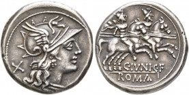 C. Junius C.f, 149 BC. Denarius (Silver, 18 mm, 4.17 g, 7 h), Rome. Head of Roma to right, wearing winged helmet and pendant earring; behind, X (mark ...