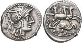 L. Caecilius Metellus Diadematus, 128 BC. Denarius (Silver, 19 mm, 3.88 g, 3 h), Rome. Head of Roma to right, wearing crested and winged helmet; behin...