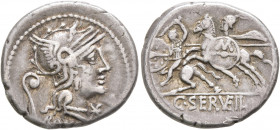 C. Servilius Vatia, 127 BC. Denarius (Silver, 19 mm, 3.87 g, 6 h), Rome. Head of Roma to right, wearing winged helmet; behind, lituus; before, ✱(mark ...