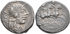 Q. Minucius Rufus, 122 BC. Denarius (Silver, 18 mm, 3.87 g, 11 h), Rome. RVF Head of Roma to right, wearing winged helmet, pendant earring and pearl n...