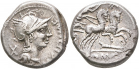 M. Cipius M.f, 115-114 BC. Denarius (Silver, 15 mm, 3.93 g, 6 h), Rome. M•CIPI•M•F Head of Roma to right, wearing winged helmet, pendant earring and p...
