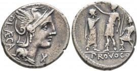 P. Laeca, 110-109 BC. Denarius (Silver, 19 mm, 3.92 g, 5 h), Rome. P L AE CA Head of Roma to right, wearing crested and winged helmet; above, ROMA. Re...