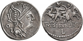 M. Servilius C.f, 100 BC. Denarius (Subaeratus, 20 mm, 3.04 g, 5 h), a contemporary plated imitation, irregular mint. Head of Roma to right, wearing w...