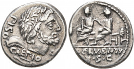 Q. Servilius Caepio, 100 BC. Denarius (Silver, 18 mm, 3.87 g, 12 h), with Calpurnius Piso Caesoninus, Rome. PISO CAEPIO•Q Laureate and bearded head of...