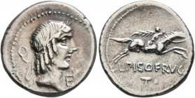 L. Calpurnius Piso Frugi, 90 BC. Denarius (Silver, 18 mm, 3.88 g, 12 h), Rome. Laureate head of Apollo to right; behind, Q; before, E. Rev. L PISO FRV...