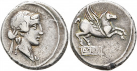 Q. Titius, 90 BC. Denarius (Silver, 18 mm, 3.95 g, 7 h), Rome. Head of Bacchus to right, wearing wreath of ivy. Rev. Pegasus to right; below, Q•TITI i...