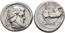 Q. Titius, 90 BC. Denarius (Silver, 17 mm, 3.75 g, 9 h), Rome. Bearded head of Mutinus Titinius to right, wearing winged diadem. Rev. Pegasus to right...