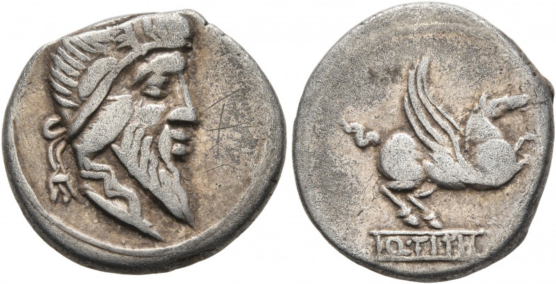 Q. Titius, 90 BC. Denarius (Silver, 17 mm, 3.62 g, 10 h), Rome. Bearded head of ...