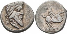 Q. Titius, 90 BC. Denarius (Silver, 17 mm, 3.62 g, 10 h), Rome. Bearded head of Mutinus Titinius to right, wearing winged diadem. Rev. Pegasus to righ...