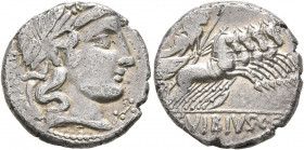 C. Vibius C.f. Pansa, 90 BC. Denarius (Silver, 17 mm, 3.88 g, 6 h), Rome. PANSA Laureate head of Apollo to right; below chin, spearhead. Rev. C•VIBIVS...