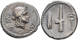 C. Norbanus, 83 BC. Denarius (Silver, 18 mm, 4.12 g, 9 h), Rome. C•NORBANVS / CVII Diademed head of Venus to right, wearing pendant earring and pearl ...
