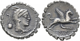 L. Papius, 79 BC. Denarius (Silver, 19 mm, 3.72 g, 3 h), Rome. Head of Juno Sospita to right, wearing goat-skin headdress; behind, jug hanging from co...