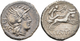 L. Rutilius Flaccus, 77 BC. Denarius (Silver, 19 mm, 3.63 g, 5 h), Rome. FLAC Head of Roma to right, wearing winged helmet and pendant earring. Rev. L...