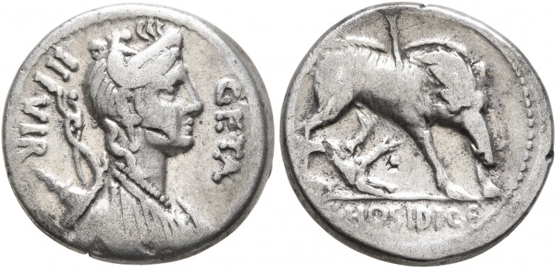 C. Hosidius C.f. Geta, 64 BC. Denarius (Silver, 17 mm, 3.91 g, 5 h), Rome. GETA ...