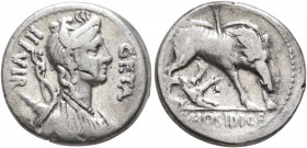 C. Hosidius C.f. Geta, 64 BC. Denarius (Silver, 17 mm, 3.91 g, 5 h), Rome. GETA / III VIR Diademed and draped bust of Diana to right, with bow and qui...