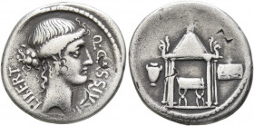 Q. Cassius Longinus, 55 BC. Denarius (Silver, 18 mm, 3.67 g, 6 h), Rome. Q•CASSIVS LIBERT Head of Libertas to right. Rev. Curule chair within hexastyl...