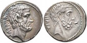 M. Junius Brutus, 54 BC. Denarius (Silver, 17 mm, 4.07 g, 8 h), Rome. BRVTVS Bearded head of L. Junius Brutus to right. Rev. AHALA Bearded head of C. ...