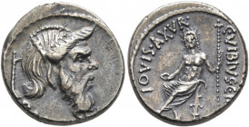 C. Vibius C.f. C.n. Pansa Caetronianus, 48 BC. Denarius (Silver, 17 mm, 3.95 g, 1 h), Rome. PANSA Mask of bearded Pan to right; behind, pedum. Rev. C•...
