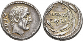 Albinus Bruti f, 48 BC. Denarius (Silver, 17 mm, 4.00 g, 2 h), Rome. A POSTVMIVS COS Bare head of A. Postumius. Rev. ALBINVS / BRVTI F within wreath o...
