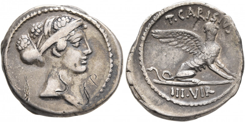 T. Carisius, 46 BC. Denarius (Silver, 19 mm, 4.00 g, 1 h), Rome. Head of the Sib...