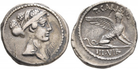 T. Carisius, 46 BC. Denarius (Silver, 19 mm, 4.00 g, 1 h), Rome. Head of the Sibyl Herophile to right, hair elaborately decorated with jewels and encl...