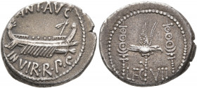 Mark Antony, 44-30 BC. Denarius (Silver, 18 mm, 3.46 g, 7 h), military mint moving with Mark Antony (Patrae?), 32-31. ANT•AVG / III•VIR•R•P•C Galley t...