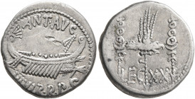 Mark Antony, 44-30 BC. Denarius (Silver, 17 mm, 3.45 g, 6 h), military mint moving with Mark Antony (Patrae?), 32-31 BC. ANT AVG III VIR R•P•C Galley ...
