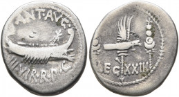 Mark Antony, 44-30 BC. Denarius (Silver, 19 mm, 3.64 g, 6 h), military mint moving with Mark Antony (Patrae?), 32-31 BC. ANT AVG III VIR R•P•C Galley ...
