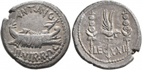 Mark Antony, 44-30 BC. Denarius (Silver, 18 mm, 3.38 g, 10 h), military mint moving with Mark Antony (Patrae?), 32-31 BC. ANT AVG III VIR R•P•C Galley...