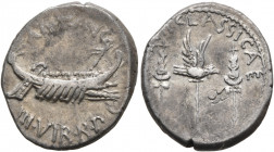 Mark Antony, 44-30 BC. Denarius (Silver, 18 mm, 3.63 g, 6 h), military mint moving with Mark Antony (Patrae?), 32-31. ANT•AVG•III•VIR•R•P•C Galley rig...