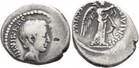 Octavian, 44-27 BC. Denarius (Silver, 18 mm, 3.77 g, 5 h), L. Livineius Regulus, moneyer, Rome, 42 BC. [C CAESAR] III•VIR•R•P•C Bare head of Octavian ...