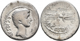 Octavian, 44-27 BC. Denarius (Silver, 19 mm, 3.55 g, 7 h), mint moving with Octavian in Italy, 40 BC. C•CAESAR [III•VIR•R•P•C] Bare head of Octavian t...