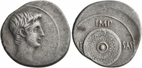 Octavian, 44-27 BC. Denarius (Silver, 19 mm, 3.69 g, 6 h), mint in Northern Italy or travelling with Octavian in Illyricum, 35-34 BC. Bare head of Oct...