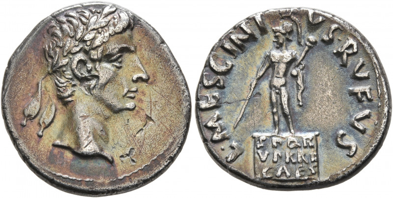 Augustus, 27 BC-AD 14. Denarius (Silver, 18 mm, 4.00 g, 4 h), L. Mescinius Rufus...