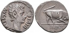 Augustus, 27 BC-AD 14. Denarius (Silver, 19 mm, 3.39 g, 6 h), Lugdunum, circa 15-13 BC. AVGVSTVS DIVI•F Bare head of Augustus to right. Rev. IMP•X Bul...