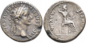 Tiberius, 14-37. Denarius (Silver, 18 mm, 3.51 g, 12 h), Lugdunum. TI CAESAR DIVI AVG F AVGVSTVS Laureate head of Tiberius to right. Rev. PONTIF MAXIM...